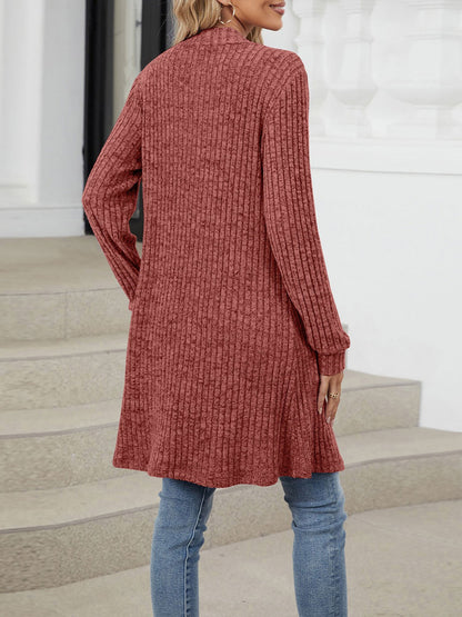 Solid Color Open Front Long Sleeves Pockets Mid-Length Cardigan