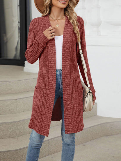 Solid Color Open Front Long Sleeves Pockets Mid-Length Cardigan