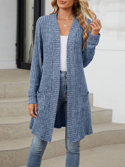 Solid Color Open Front Long Sleeves Pockets Mid-Length Cardigan