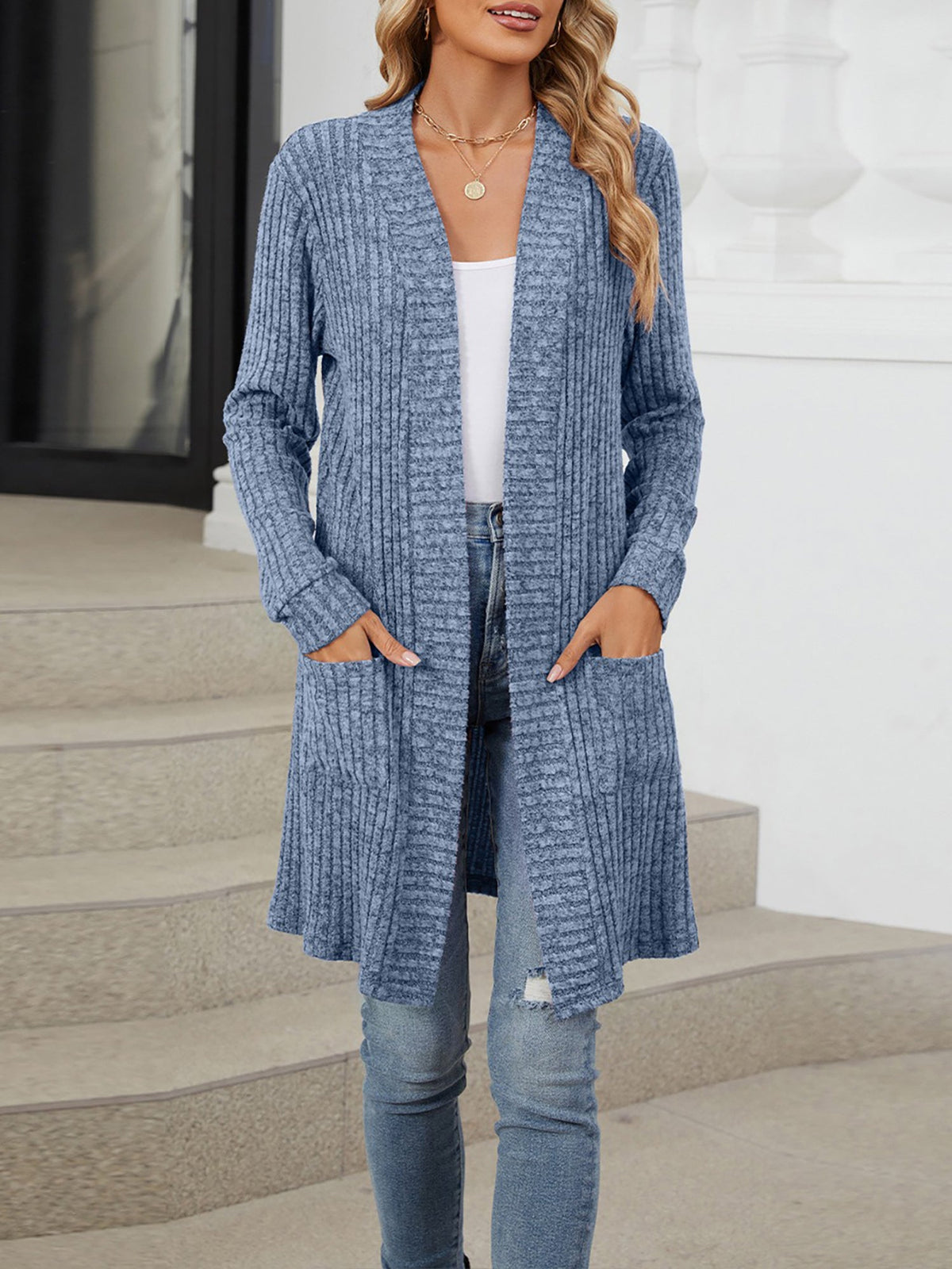 Solid Color Open Front Long Sleeves Pockets Mid-Length Cardigan
