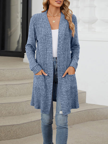 Solid Color Open Front Long Sleeves Pockets Mid-Length Cardigan