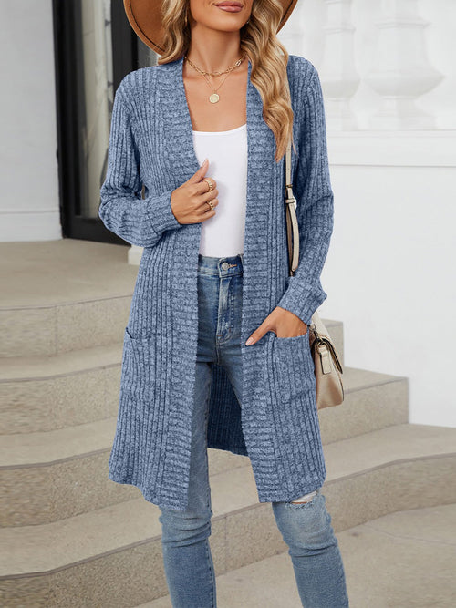 Solid Color Open Front Long Sleeves Pockets Mid-Length Cardigan