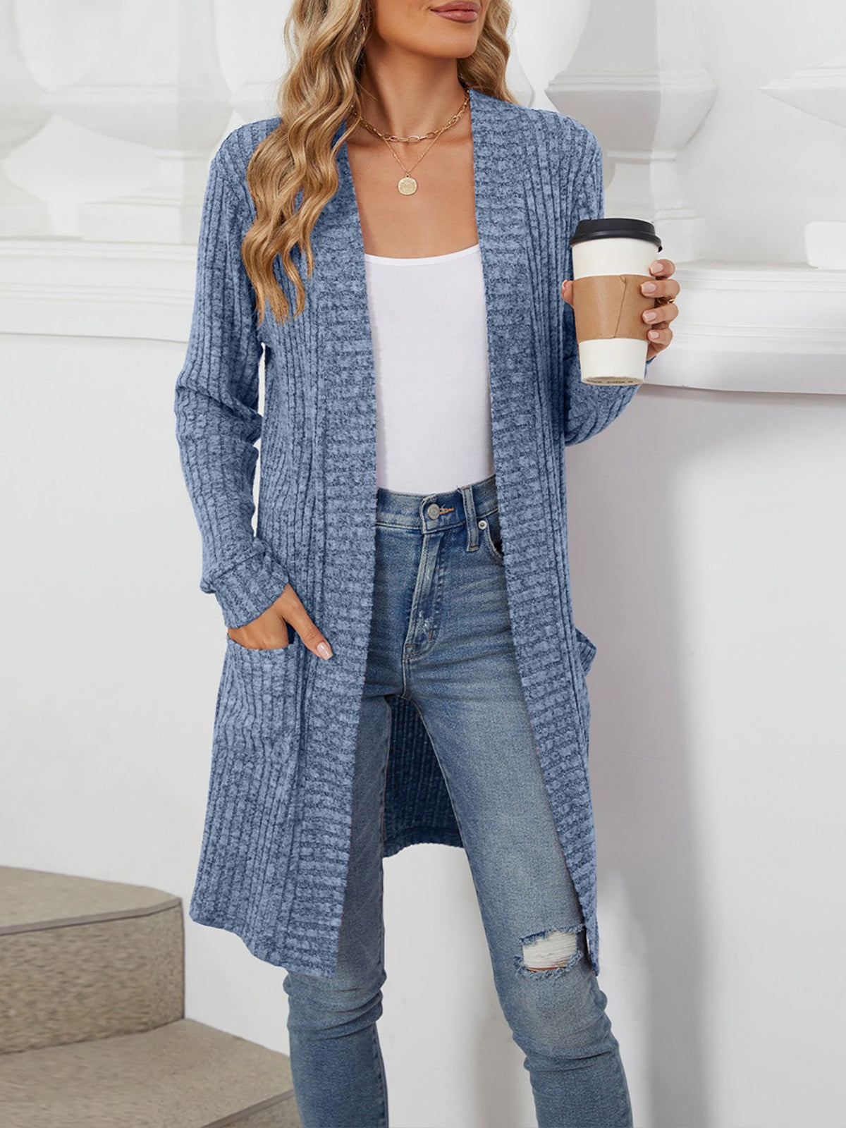 Solid Color Open Front Long Sleeves Pockets Mid-Length Cardigan