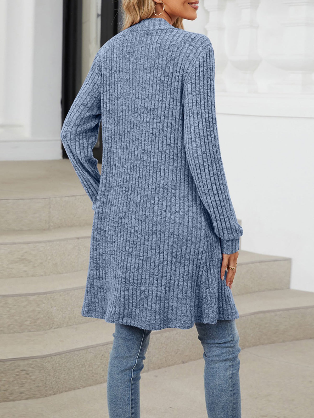 Solid Color Open Front Long Sleeves Pockets Mid-Length Cardigan