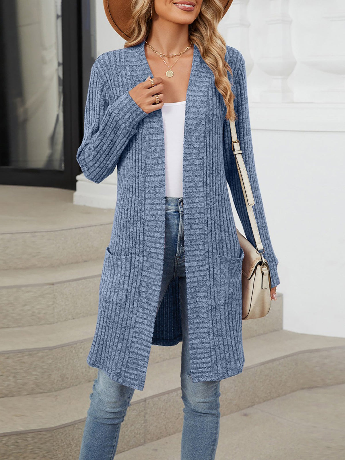 Solid Color Open Front Long Sleeves Pockets Mid-Length Cardigan