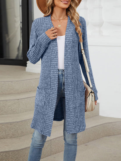Solid Color Open Front Long Sleeves Pockets Mid-Length Cardigan