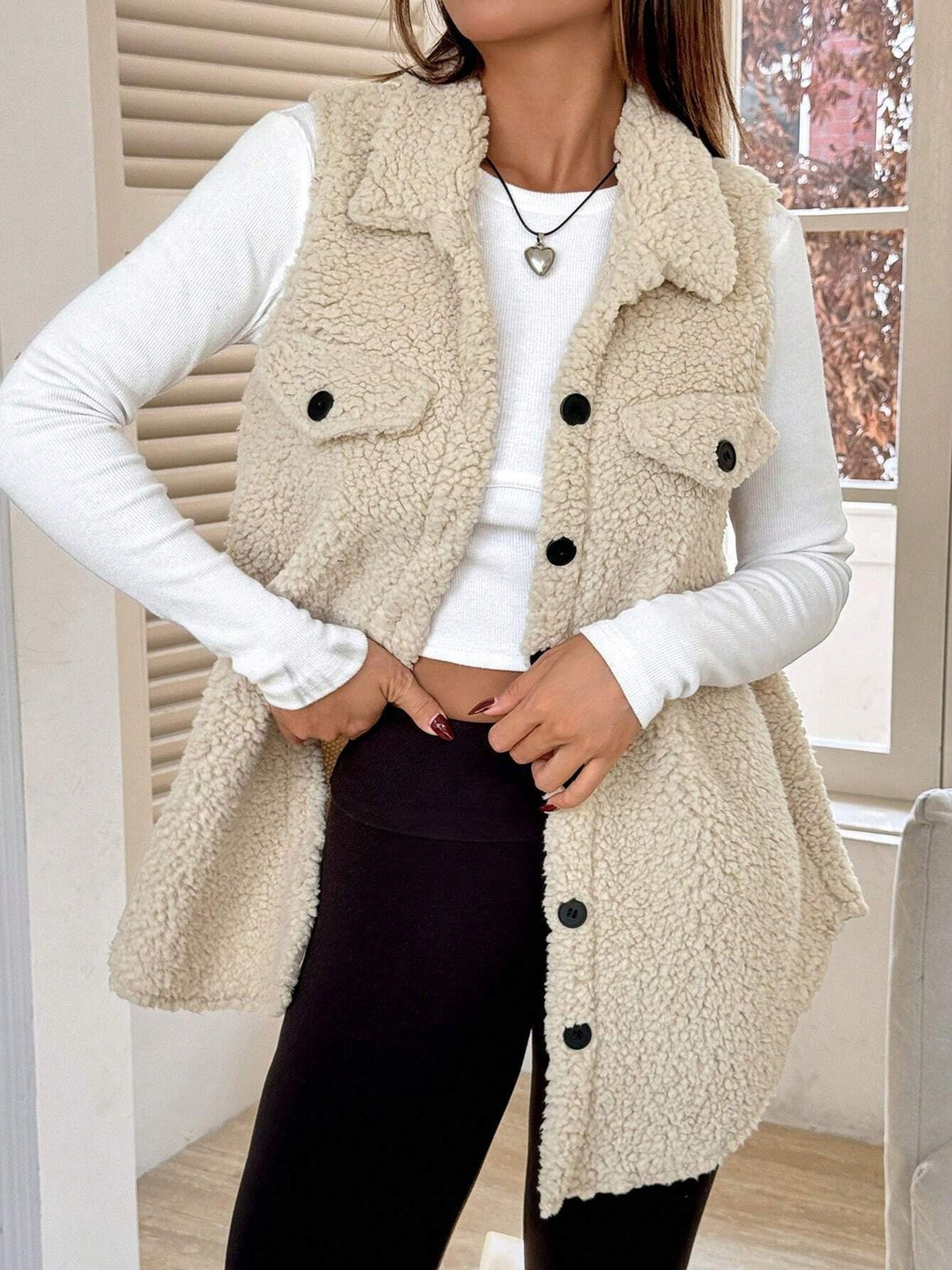 Faux Shearling Button Down Sleeveless Vest