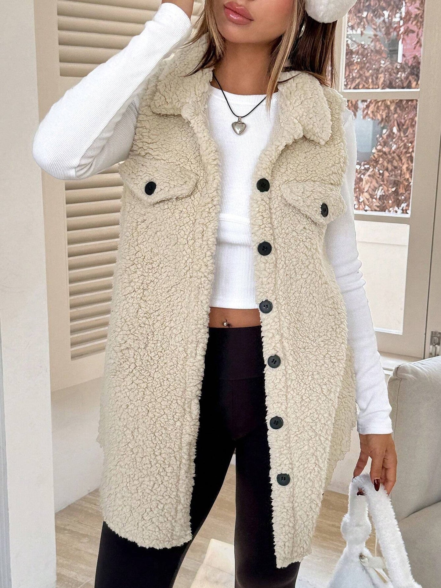 Faux Shearling Button Down Sleeveless Vest