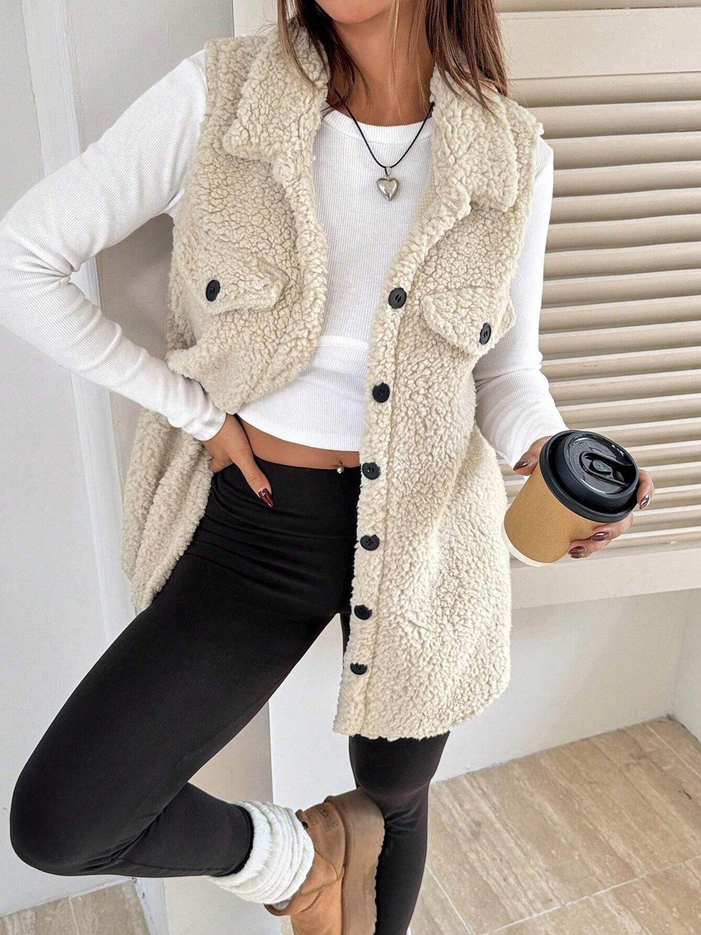 Faux Shearling Button Down Sleeveless Vest