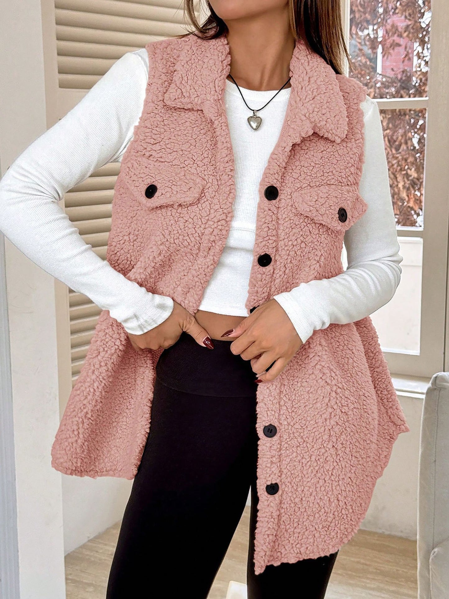 Faux Shearling Button Down Sleeveless Vest
