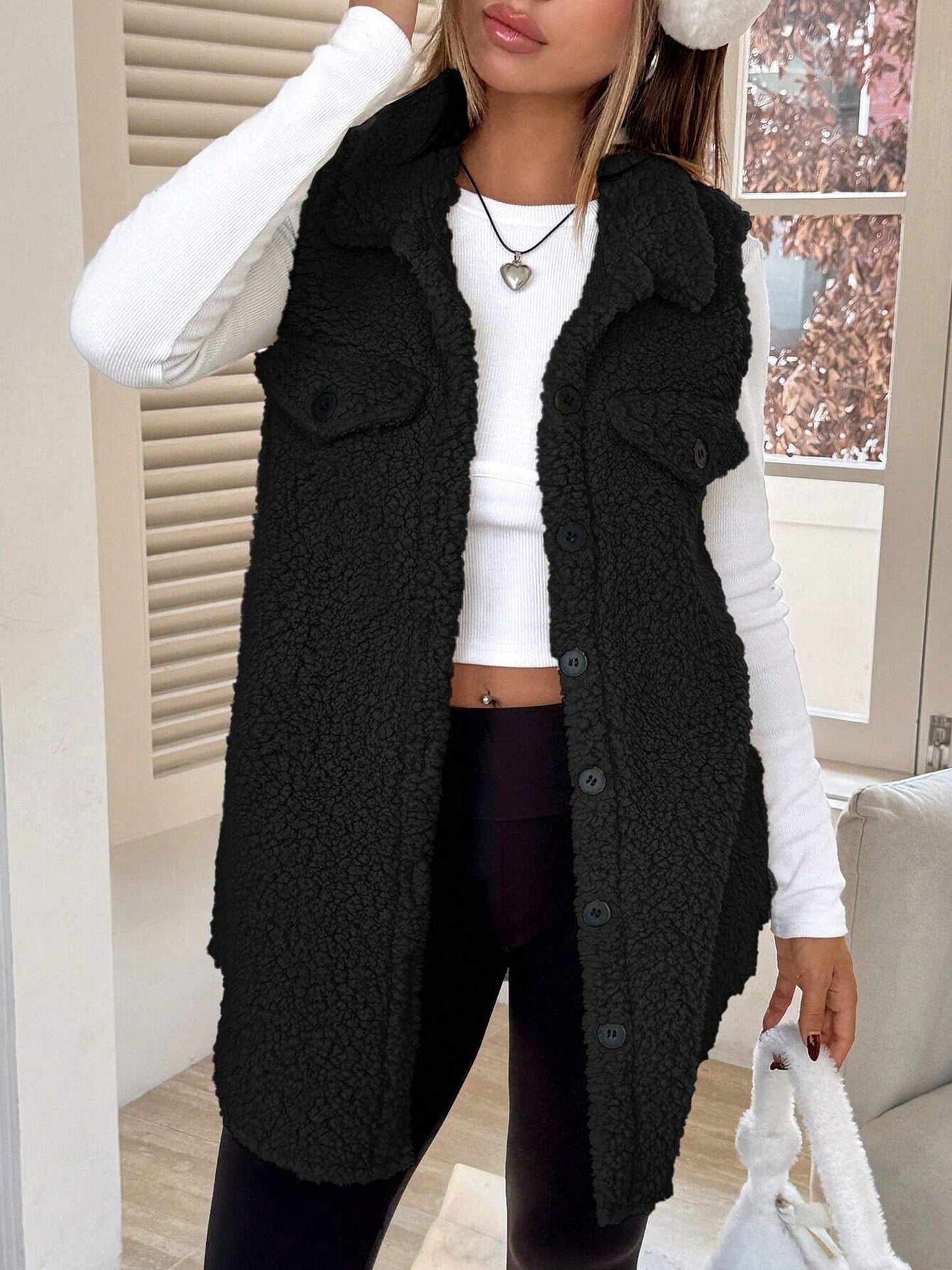 Faux Shearling Button Down Sleeveless Vest