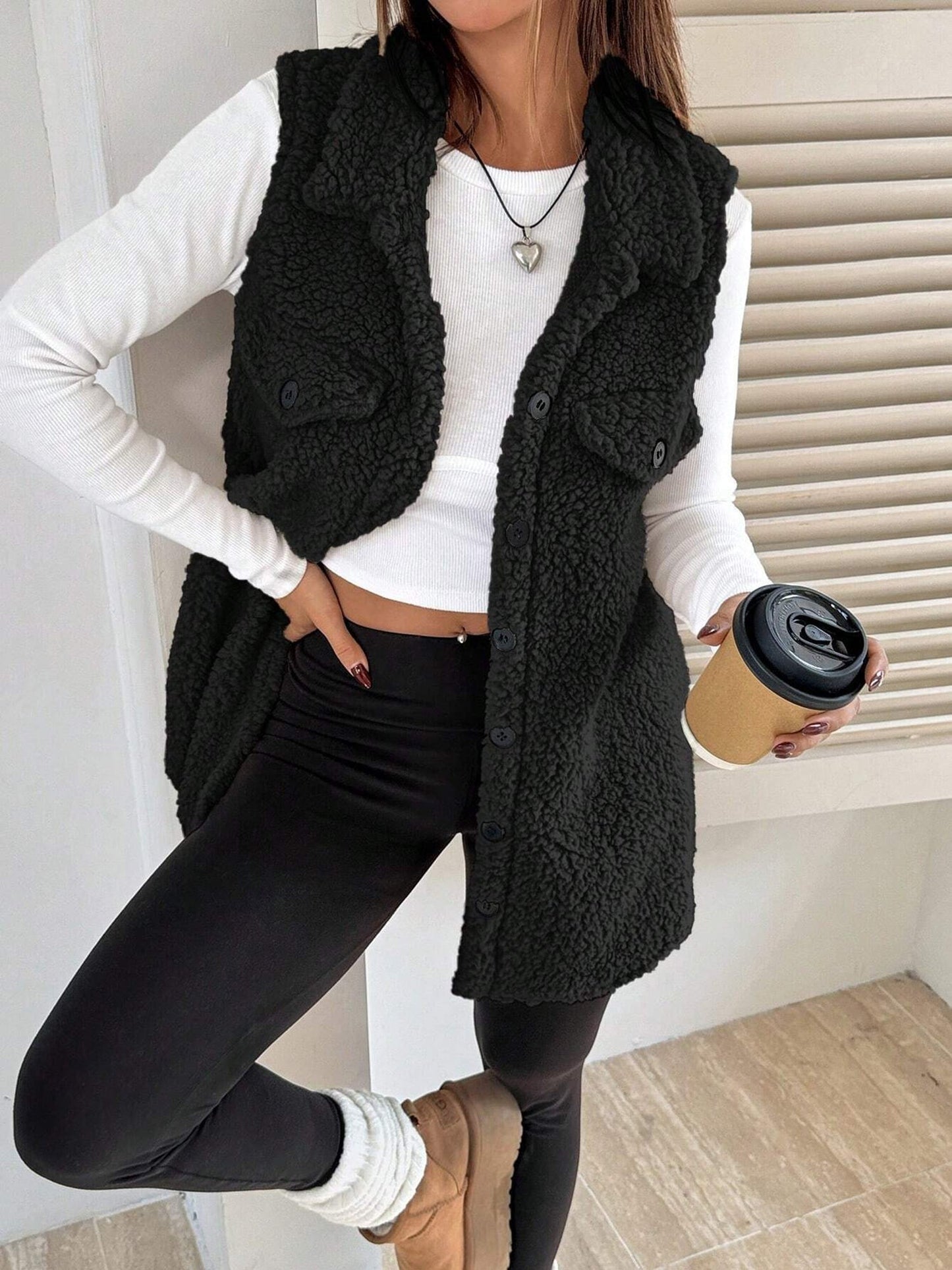 Faux Shearling Button Down Sleeveless Vest