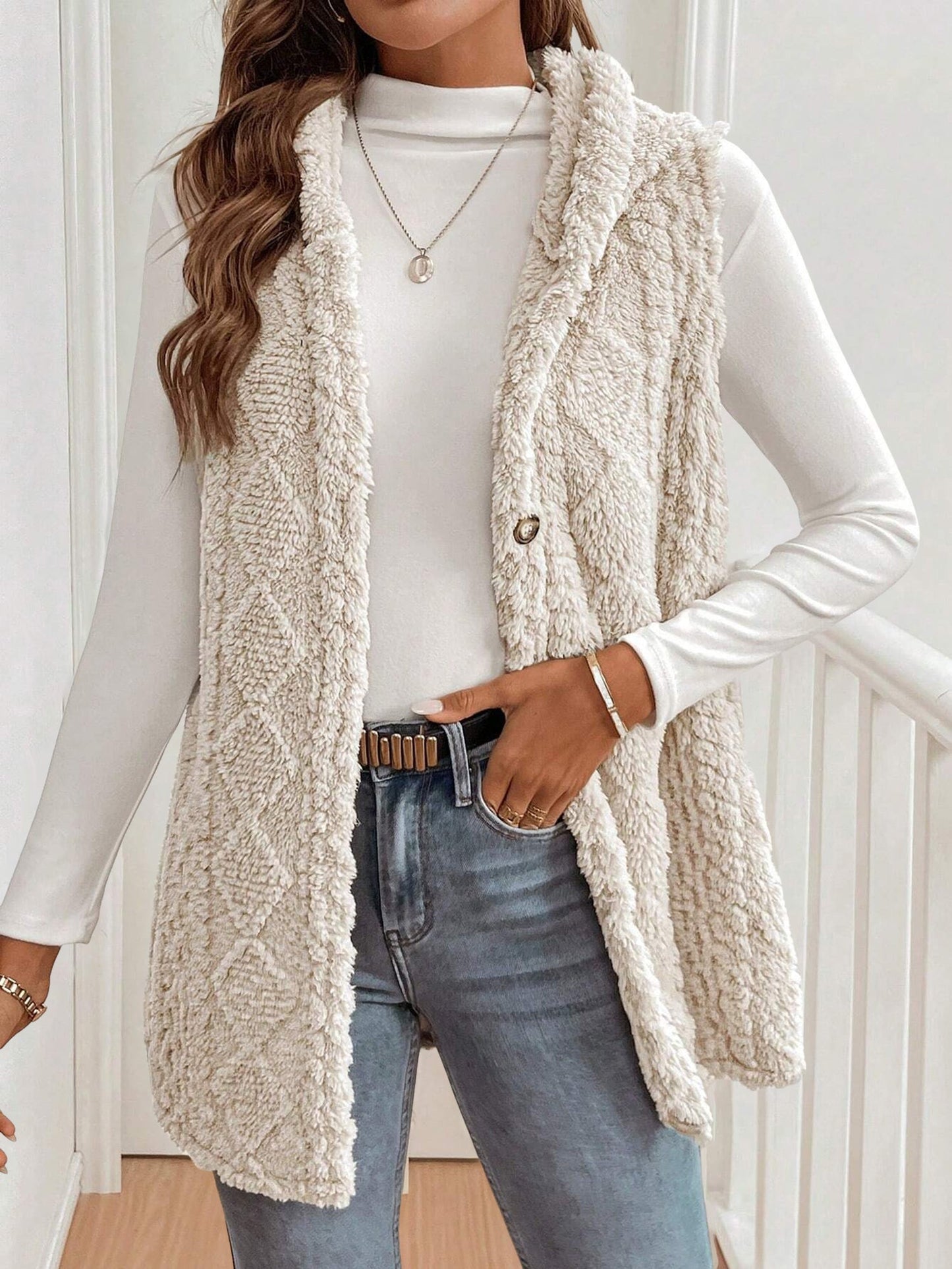 Solid Color Hooded Button Down Furry Sleeveless Vest