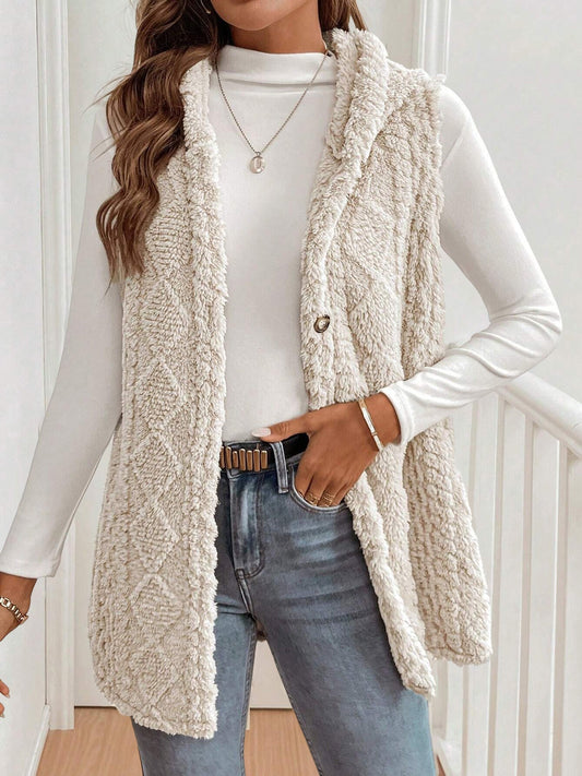 Solid Color Hooded Button Down Furry Sleeveless Vest