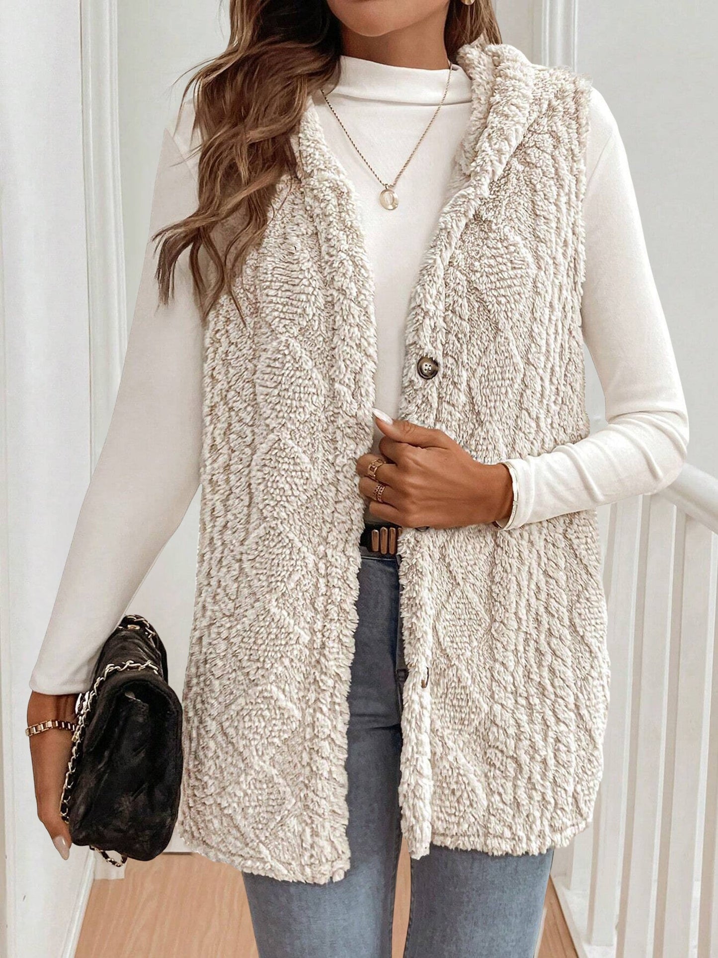 Solid Color Hooded Button Down Furry Sleeveless Vest
