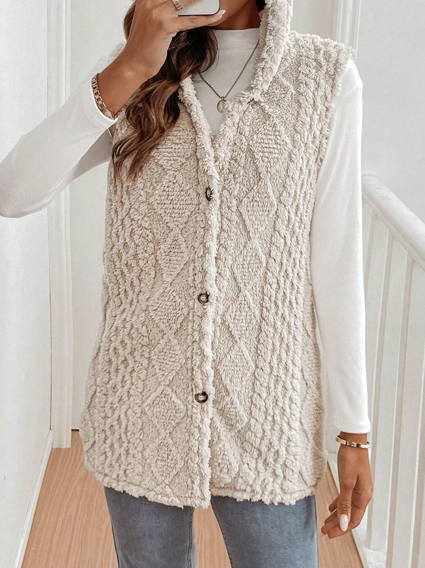Solid Color Hooded Button Down Furry Sleeveless Vest