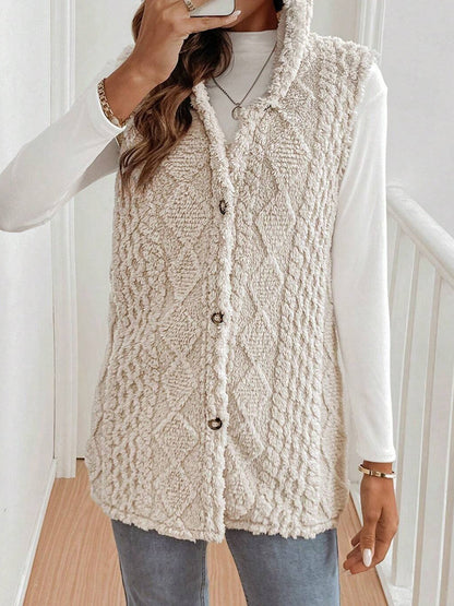 Solid Color Hooded Button Down Furry Sleeveless Vest