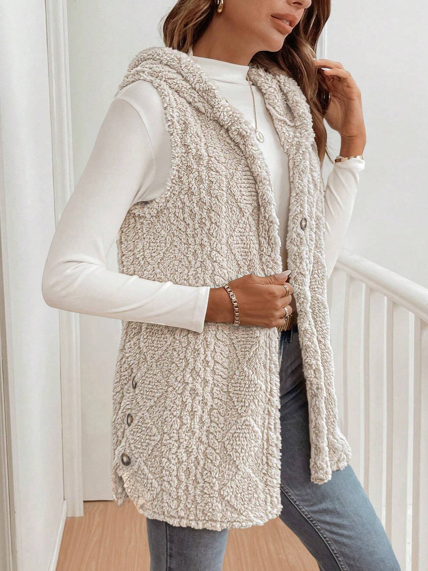 Solid Color Hooded Button Down Furry Sleeveless Vest