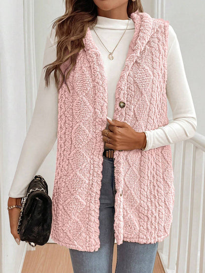 Solid Color Hooded Button Down Furry Sleeveless Vest