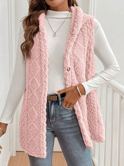 Solid Color Hooded Button Down Furry Sleeveless Vest