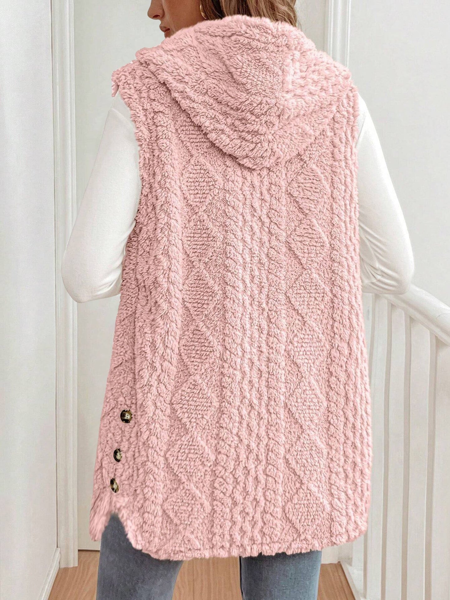 Solid Color Hooded Button Down Furry Sleeveless Vest