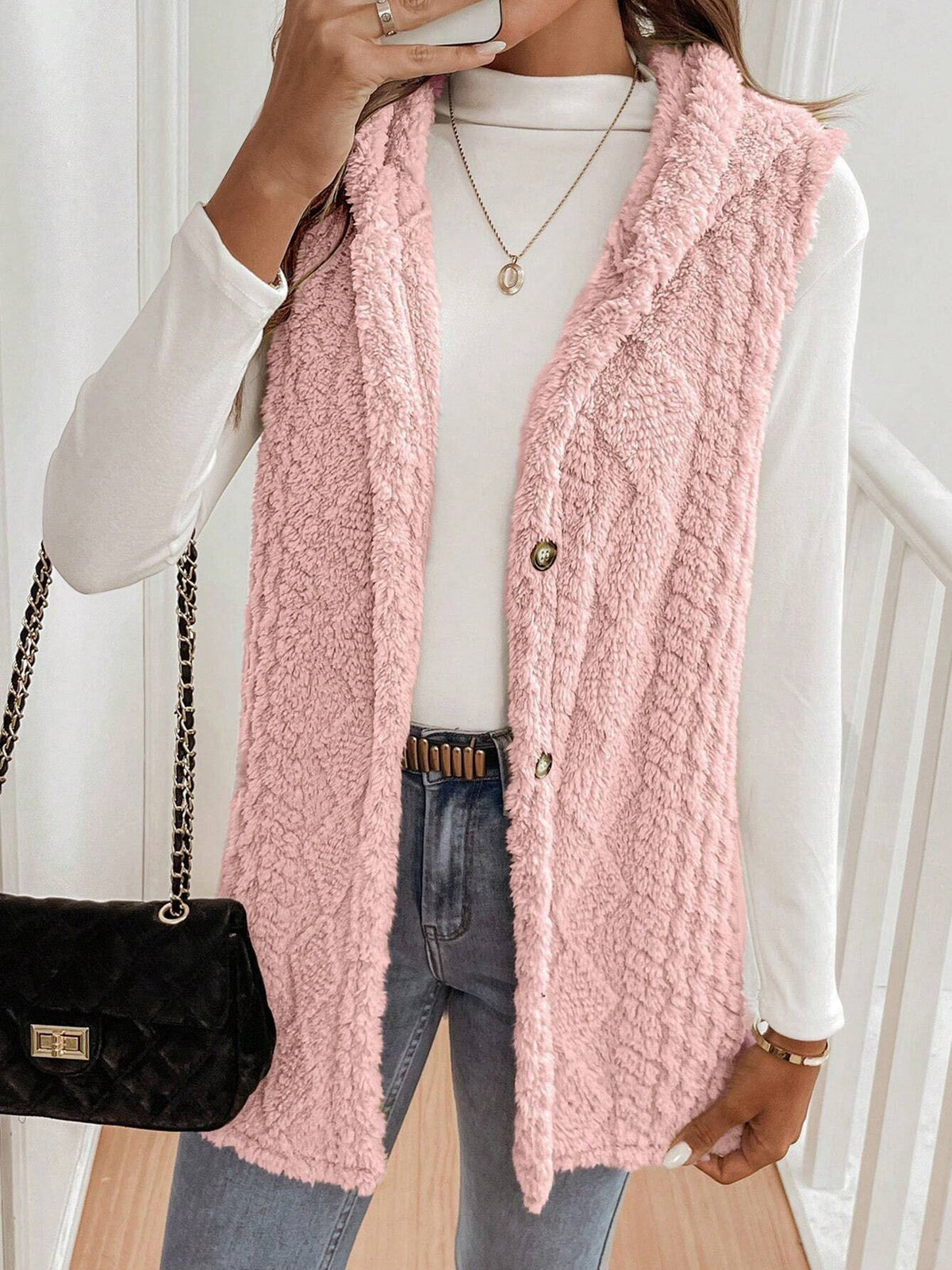 Solid Color Hooded Button Down Furry Sleeveless Vest