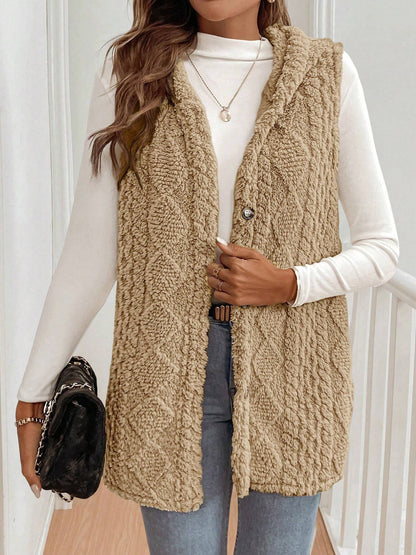 Solid Color Hooded Button Down Furry Sleeveless Vest