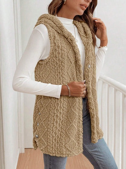 Solid Color Hooded Button Down Furry Sleeveless Vest