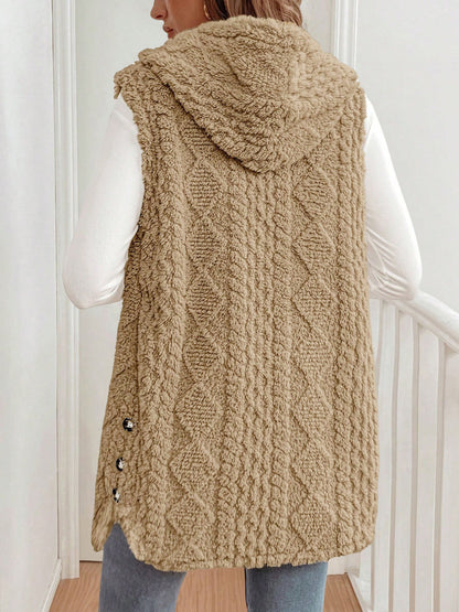 Solid Color Hooded Button Down Furry Sleeveless Vest