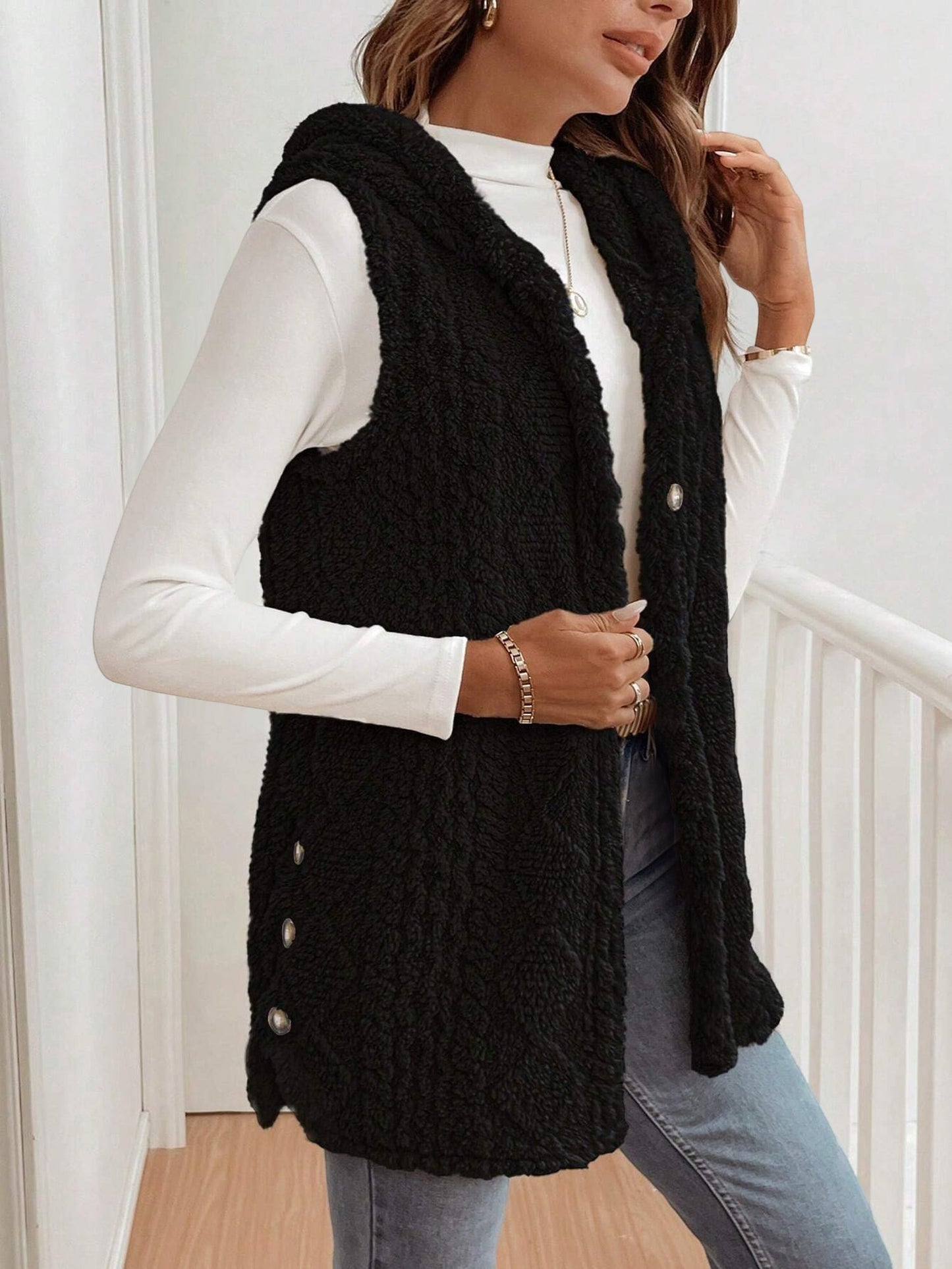 Solid Color Hooded Button Down Furry Sleeveless Vest