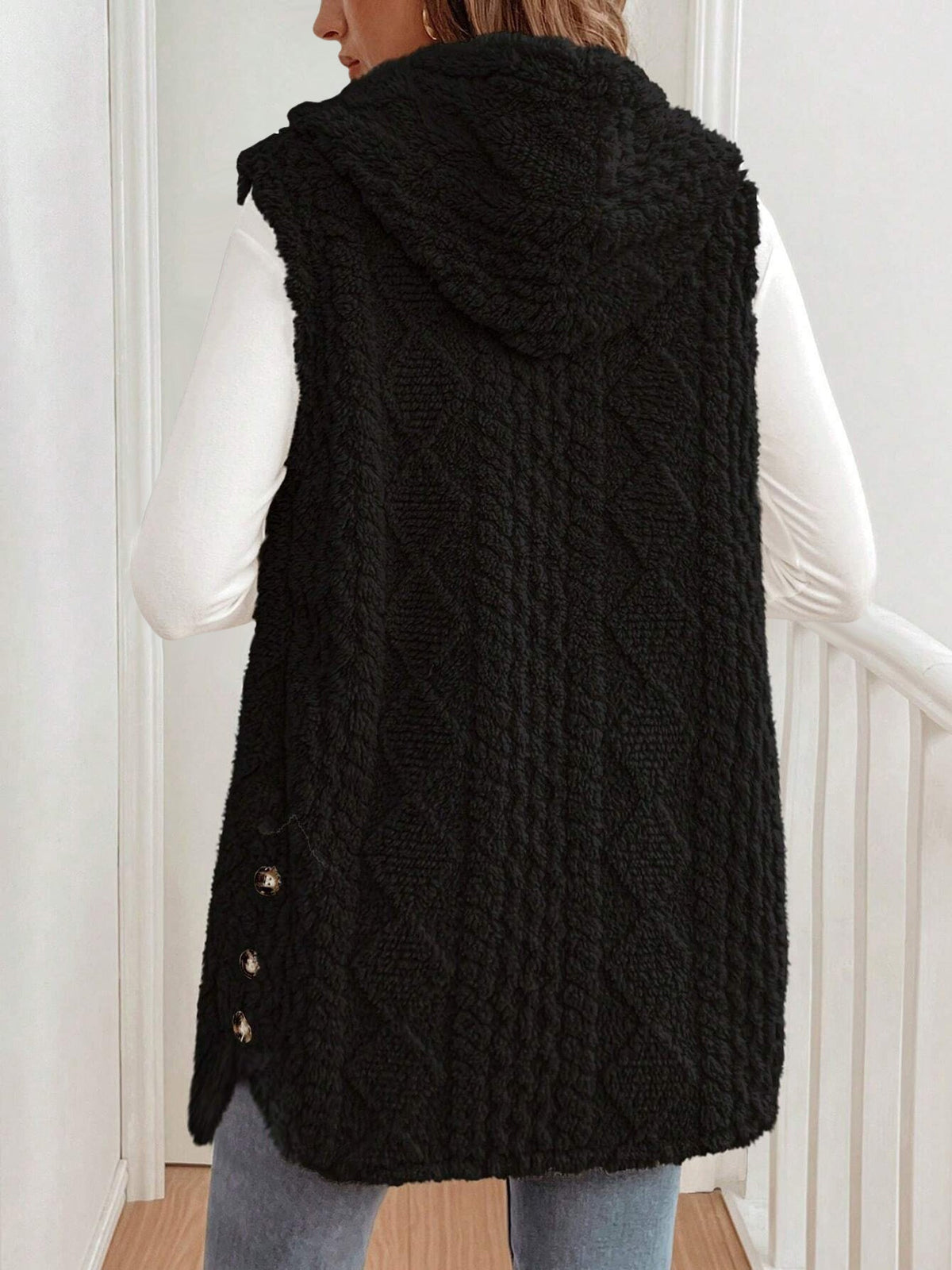 Solid Color Hooded Button Down Furry Sleeveless Vest