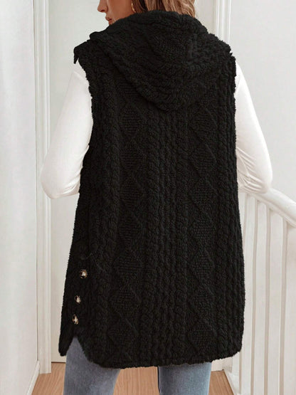 Solid Color Hooded Button Down Furry Sleeveless Vest