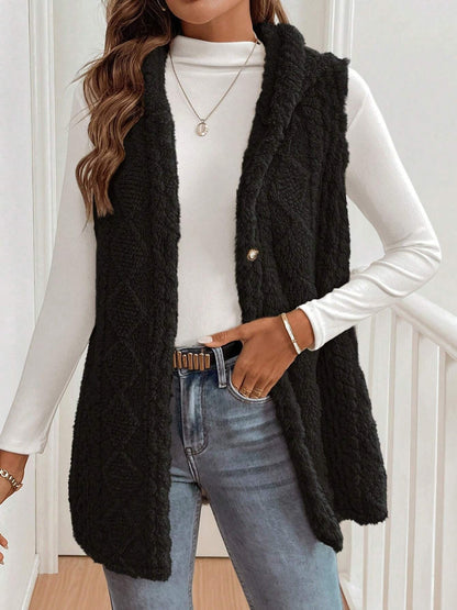 Solid Color Hooded Button Down Furry Sleeveless Vest