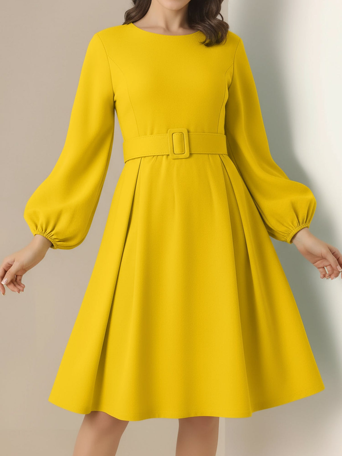 Round Neck Puff Sleeves Belted Midi Work Dress