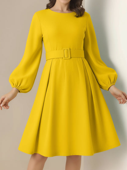 Round Neck Puff Sleeves Belted Midi Work Dress