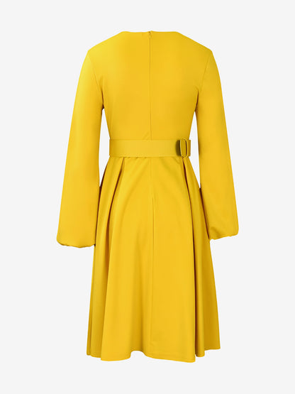 Round Neck Puff Sleeves Belted Midi Work Dress