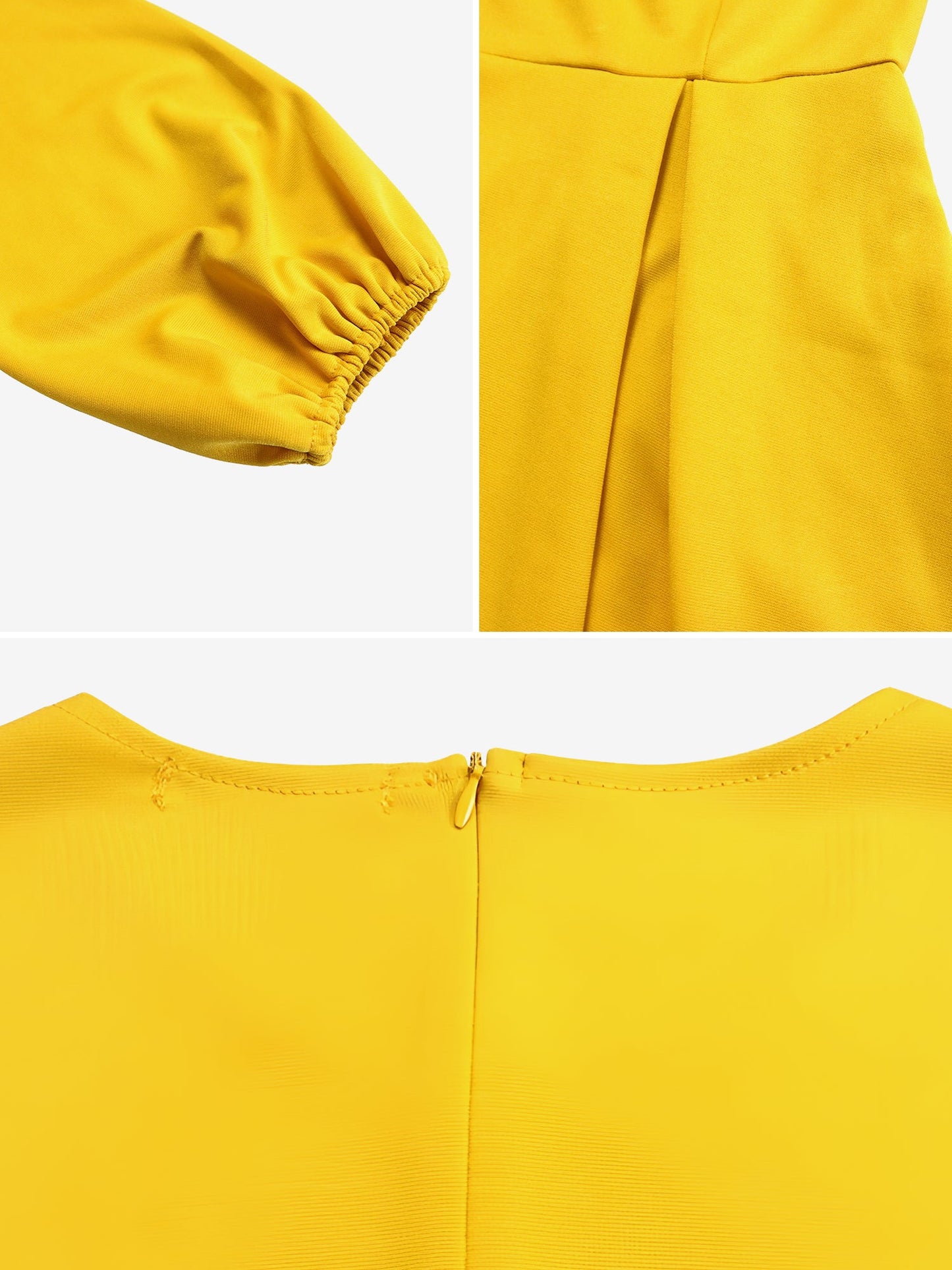 Round Neck Puff Sleeves Belted Midi Work Dress