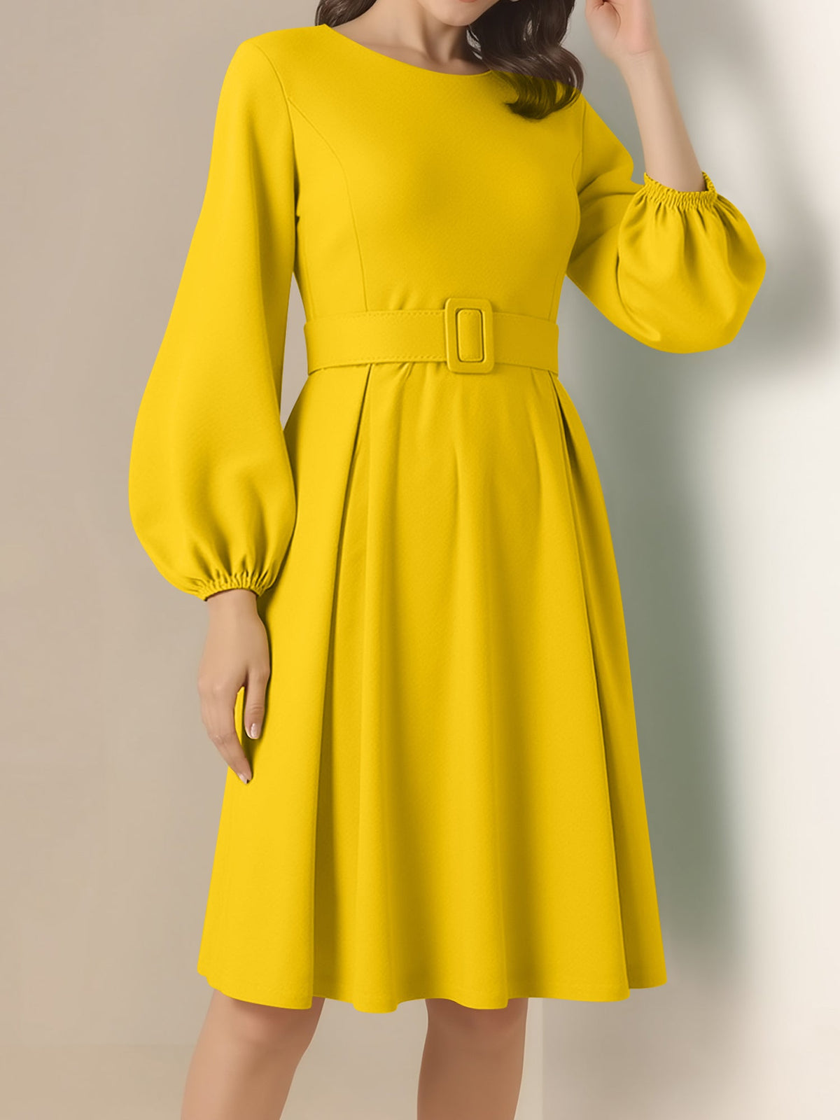 Round Neck Puff Sleeves Belted Midi Work Dress