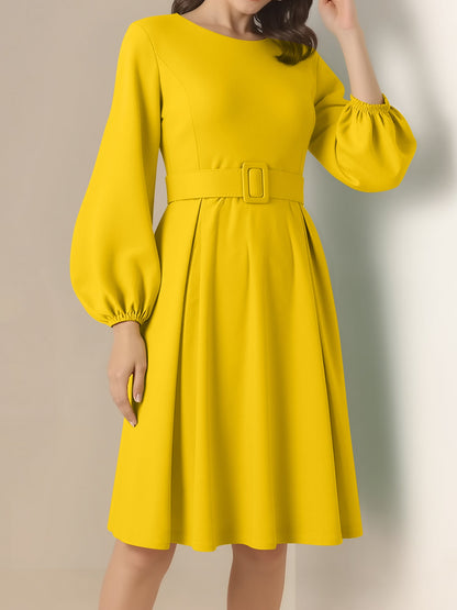 Round Neck Puff Sleeves Belted Midi Work Dress