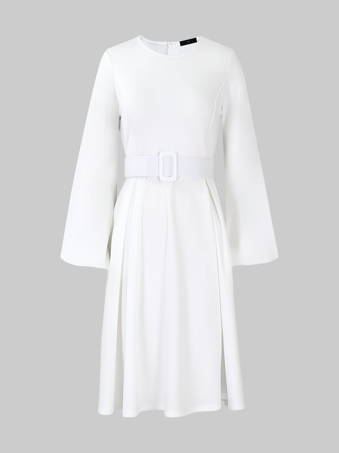 Round Neck Puff Sleeves Belted Midi Work Dress