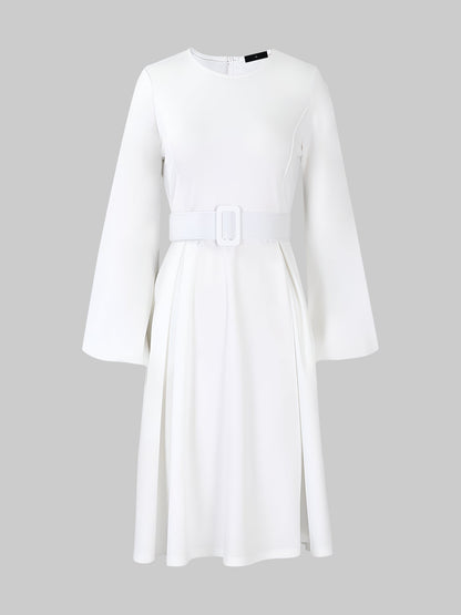 Round Neck Puff Sleeves Belted Midi Work Dress