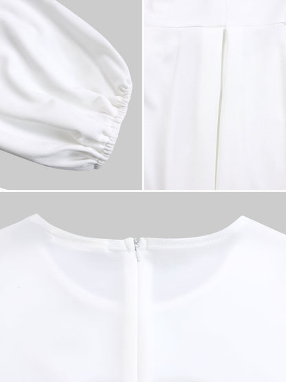 Round Neck Puff Sleeves Belted Midi Work Dress