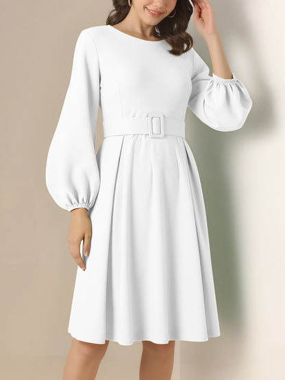 Round Neck Puff Sleeves Belted Midi Work Dress