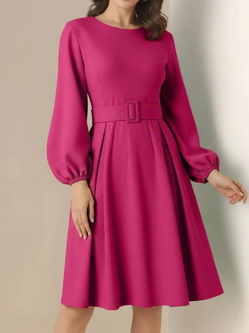 Round Neck Puff Sleeves Belted Midi Work Dress