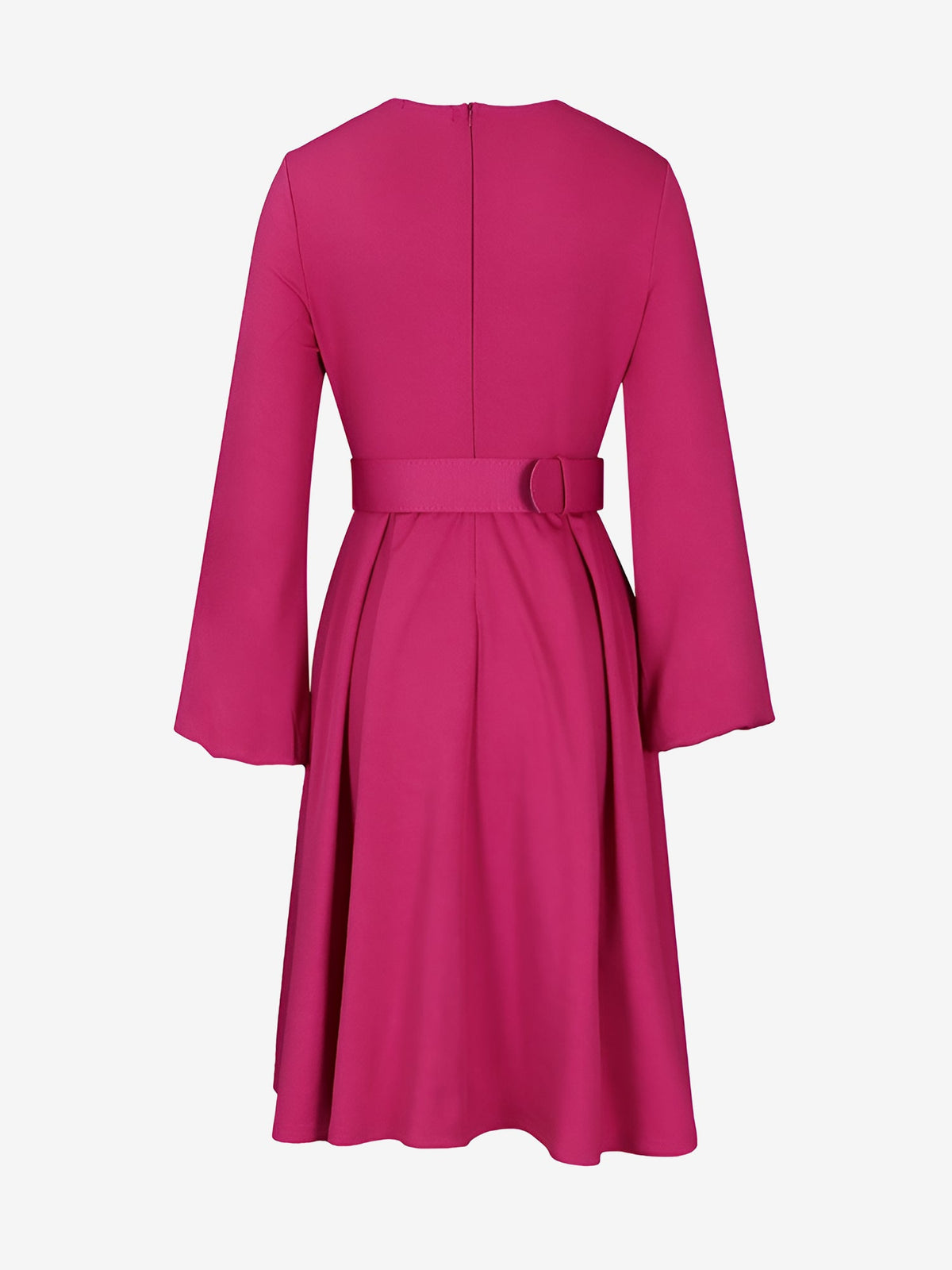 Round Neck Puff Sleeves Belted Midi Work Dress