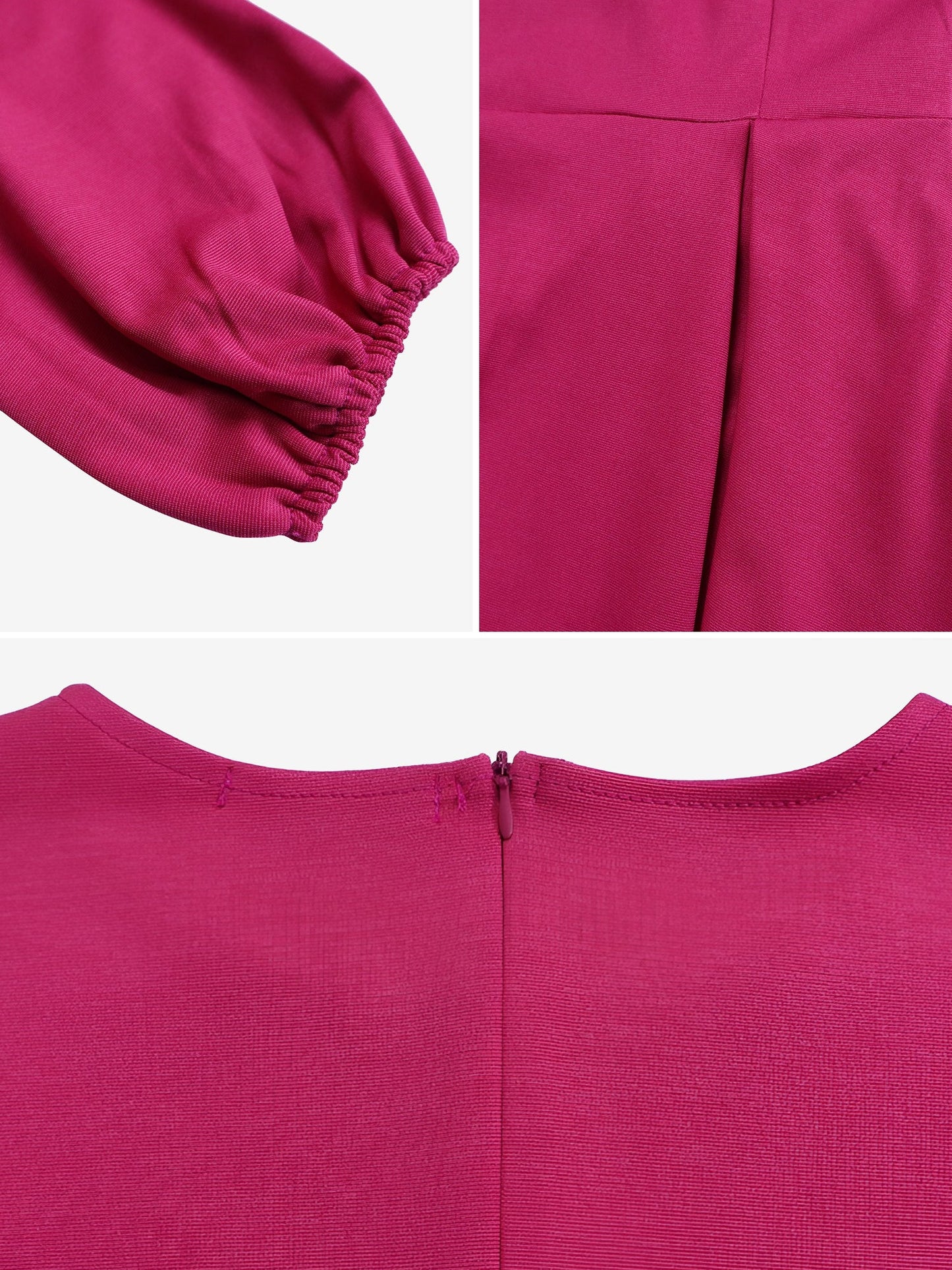 Round Neck Puff Sleeves Belted Midi Work Dress