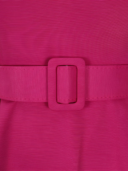 Round Neck Puff Sleeves Belted Midi Work Dress