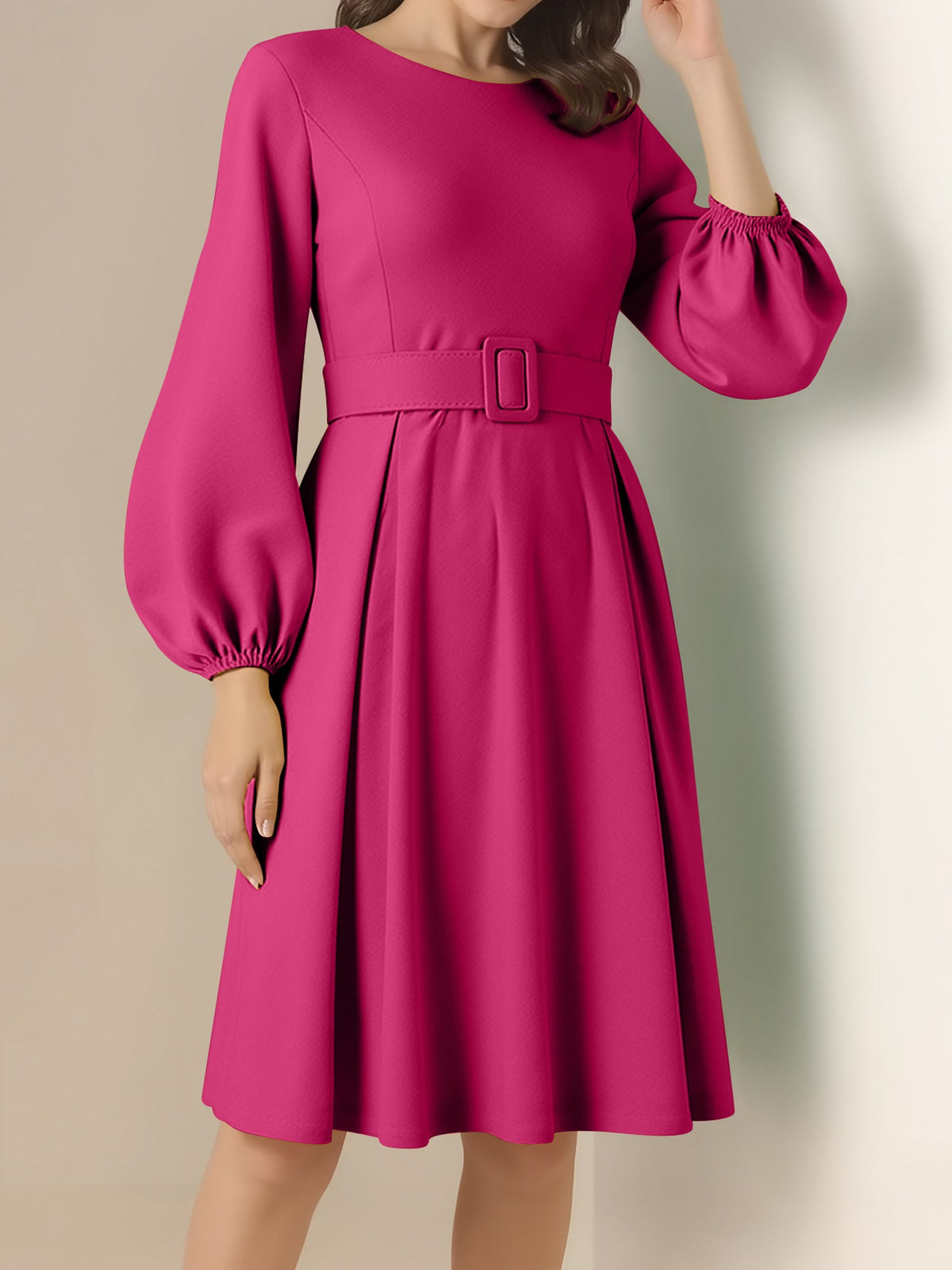 Round Neck Puff Sleeves Belted Midi Work Dress