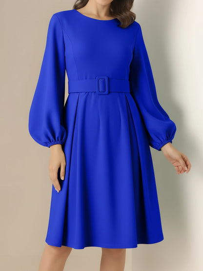 Round Neck Puff Sleeves Belted Midi Work Dress
