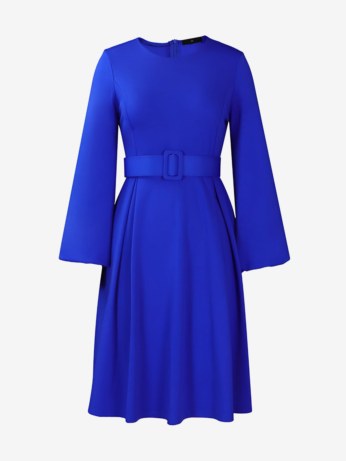 Round Neck Puff Sleeves Belted Midi Work Dress